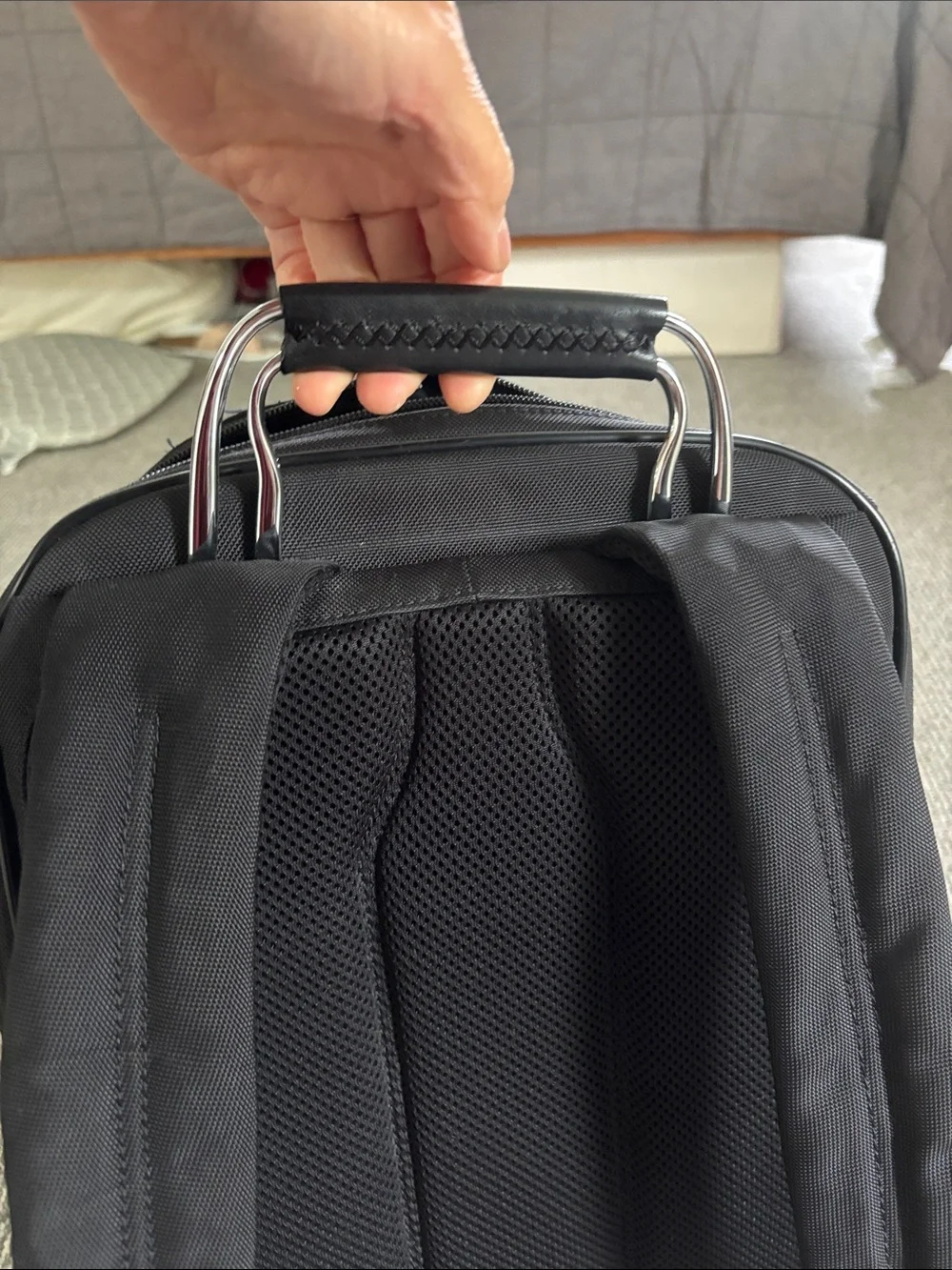 Tumi Black Ballistic Nylon Expandable Backpack with Leather Trim
